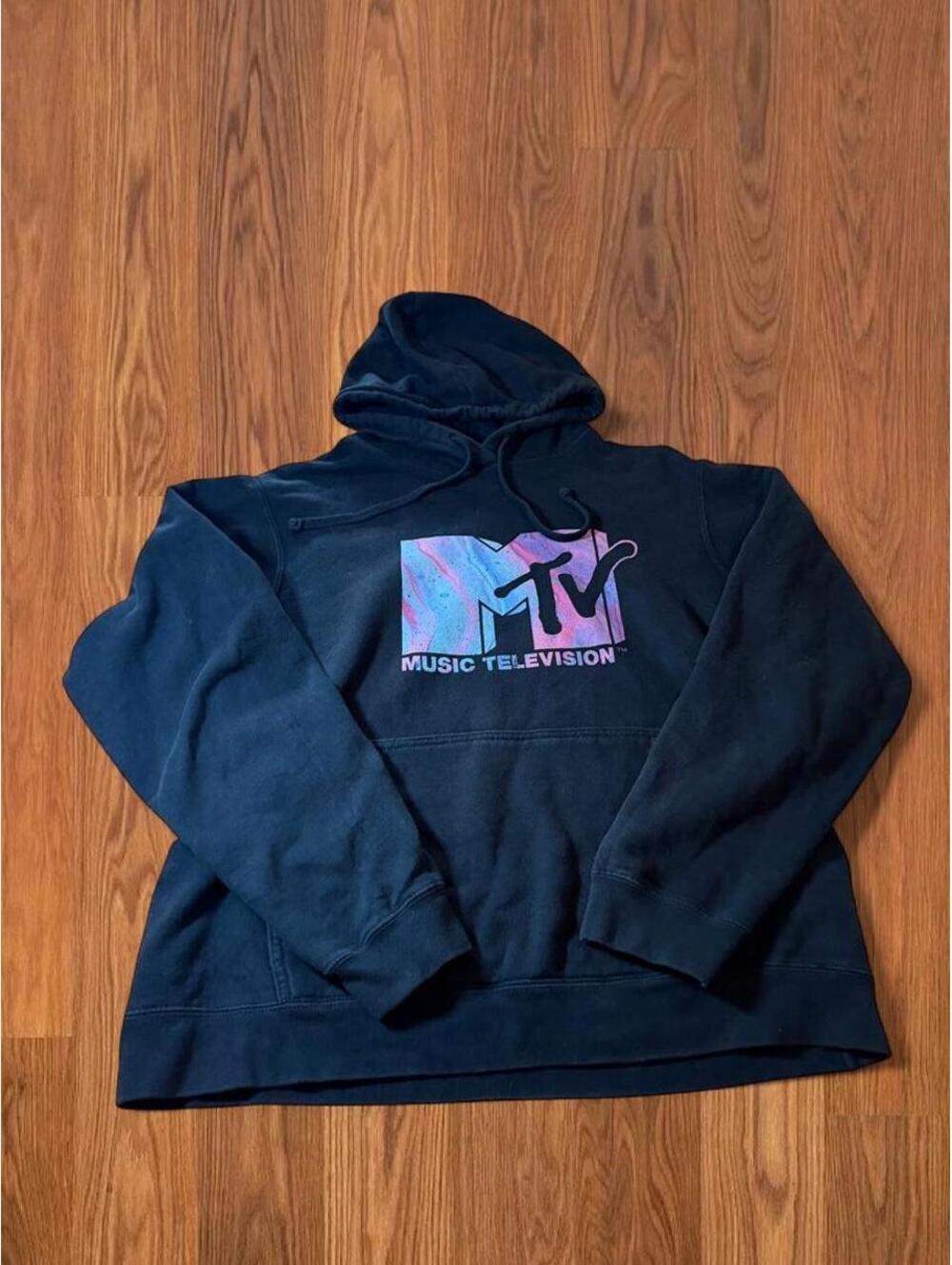 MTV Women Black Cotton Hoodie Sweatshirt Pink Blue Logo